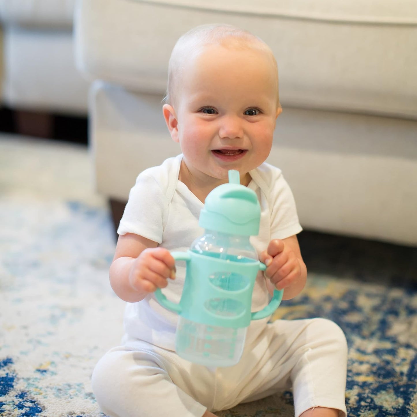 Dr. Brown's Milestones Wide-Neck Sippy Straw Bottle, Spill-Proof with 100% Silicone Handles and Weighted Straw, 9 oz/270 mL, Gray & Pink, 6m+, 2-Pack