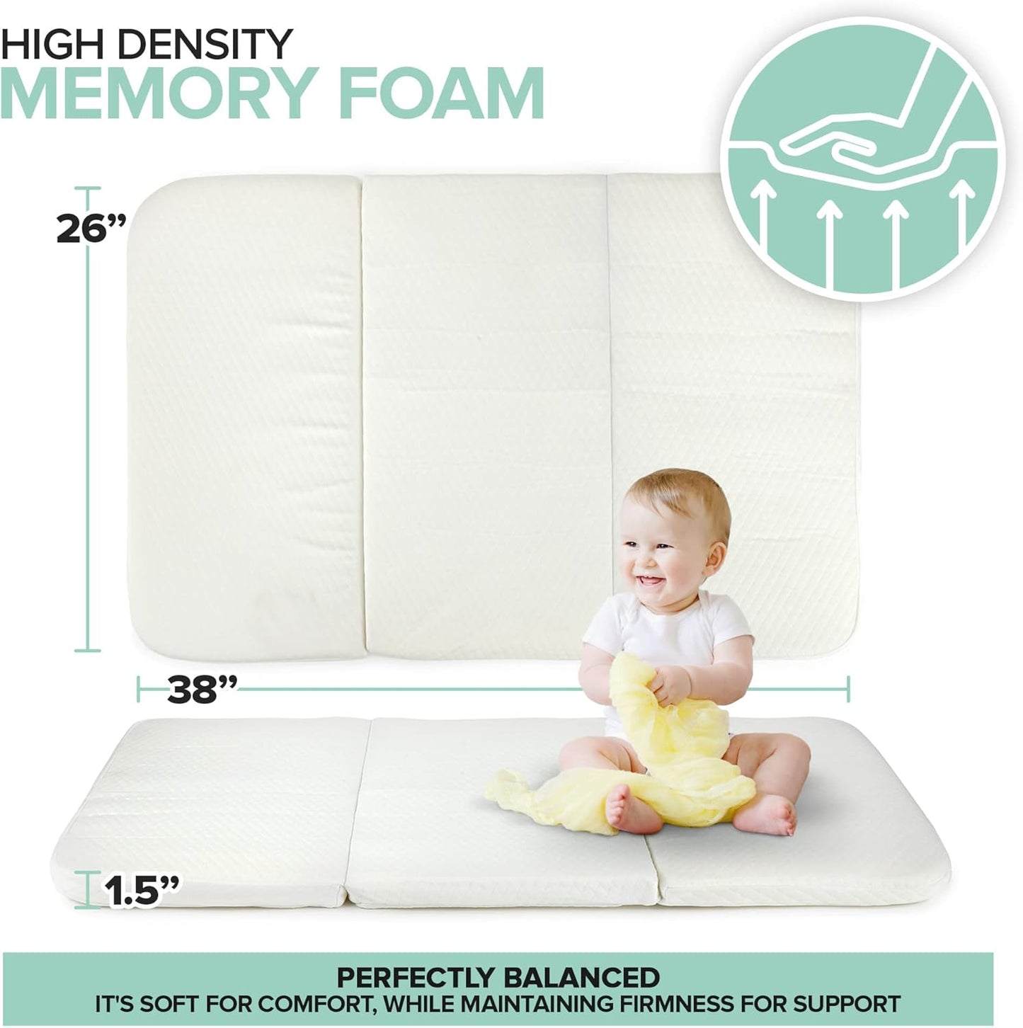 Foldable Travel Pack n Play Mattress Pad with Bag, Waterproof Portable Mini Crib Mattresses, Baby Bed Playpen Memory Foam Topper, Playard Pen Accessories, Traveling Case Included