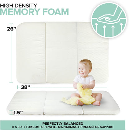 Foldable Travel Pack n Play Mattress Pad with Bag, Waterproof Portable Mini Crib Mattresses, Baby Bed Playpen Memory Foam Topper, Playard Pen Accessories, Traveling Case Included