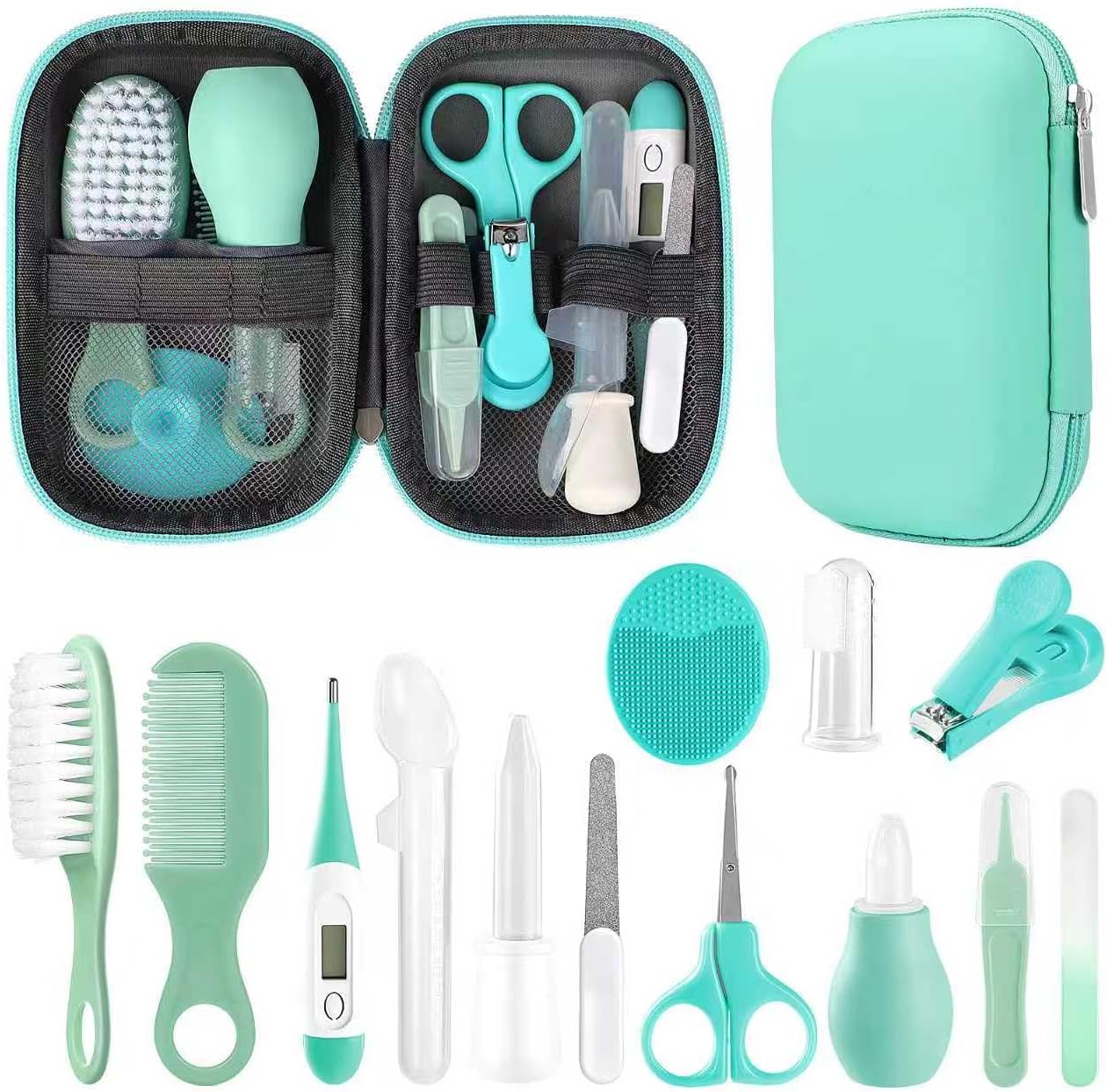 Baby Grooming Kit, Infant Safety Care Set with Hair Brush Comb Nail Clipper Nasal Aspirator,Baby Essentials Kit for Newborn Girls Boys (Grey White)