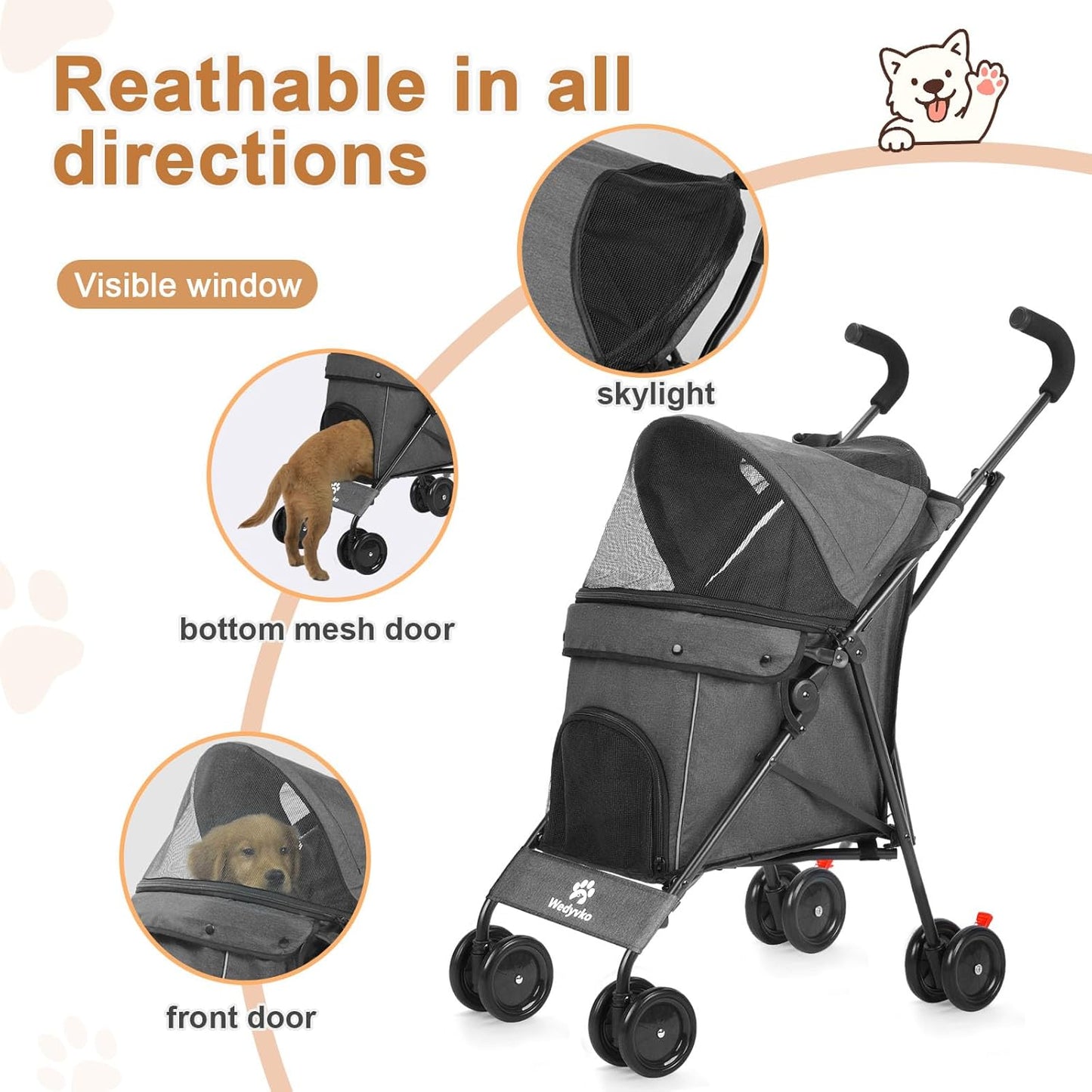 Wedyvko Travel Portable Dog Stroller, Pet Stroller for Small Puppy Dogs & Cats, Up to 33 lbs, Black