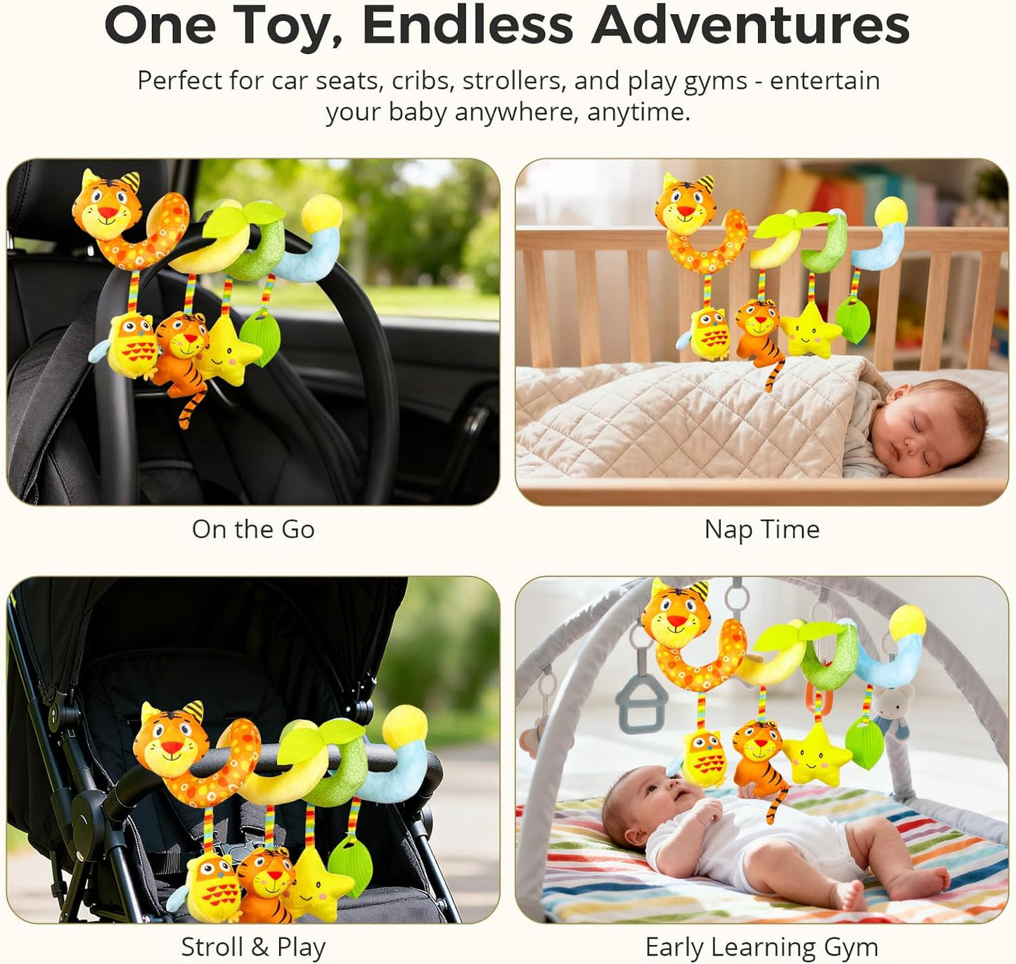 Carseat Toys Hanging for Babies 0-6-12 Months, Crib Toy Hanging Plush Spiral Car Seat Toy, with Rattle, Teether & Mirror, Stroller for Baby Boys & Girls, Infant Car Seat Toys
