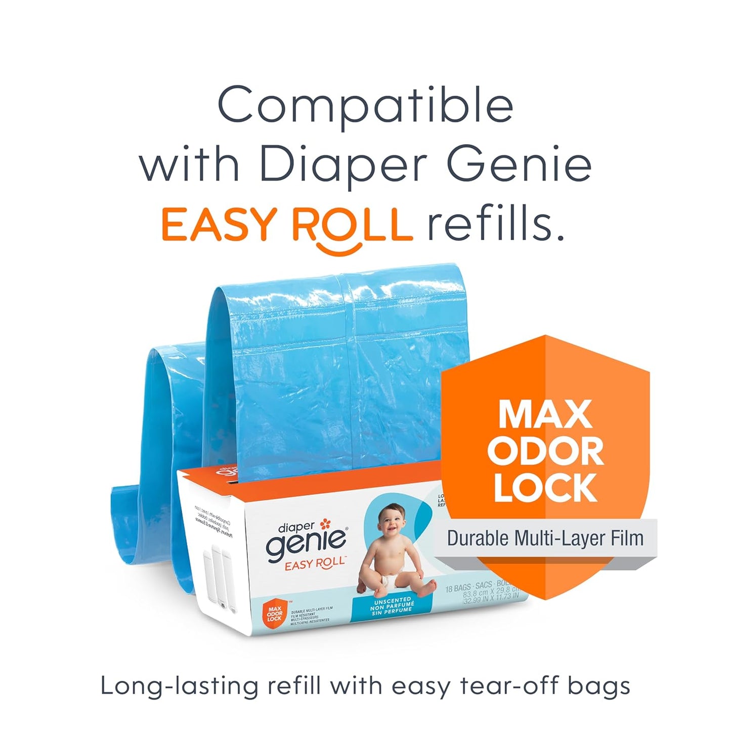 Diaper Genie Essence Pail, White with 18 Easy Roll Refill Bags