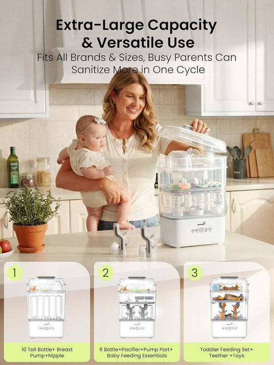 Grownsy 3 Layers-Large Bottle Sterilizer and Dryer, Holds 6 to10 Bottles, Nesting Design Bottle Sanitizer Esterilizador de Biberones for Breast Pump Sterilizer Bags Bottle Brush Included