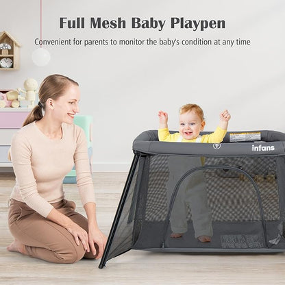 INFANS Travel Crib, Portable Baby Playpen with Removable Bassinet Soft Mattress Carry Bag, Foldable Lightweight Playard Nursery Center for Newborns Toddlers (Dark Gray)