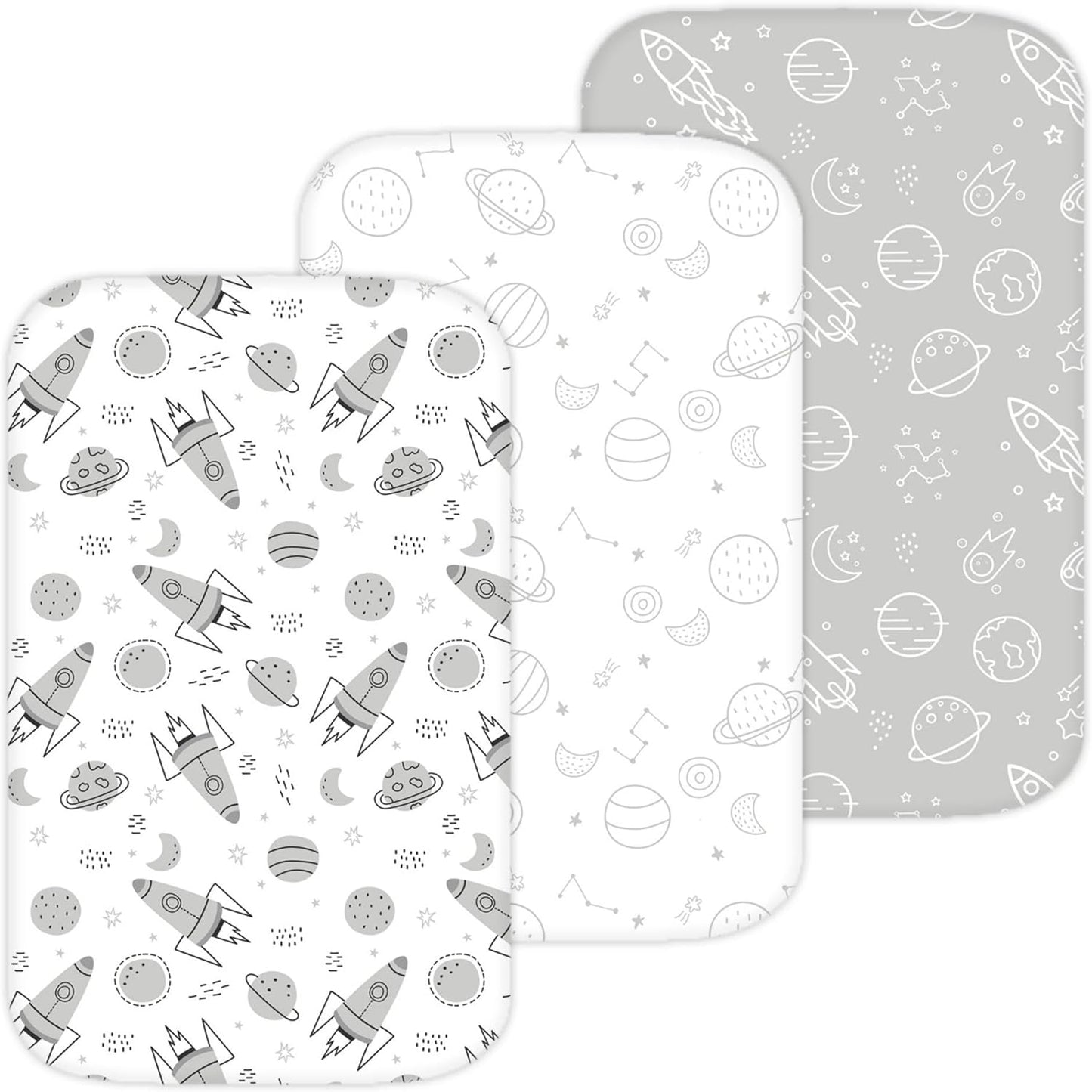 Bassinet Sheets for Papablic, CoZee, Cowiewie, Ezebaby, Nawahev Baby Bassinet Bedside Sleeper by TansyPanda, 3PC, 33x20, Ultra Soft, Breathable Snug Fit, Unisex Boys Girls, Gray White (Space Rockets)