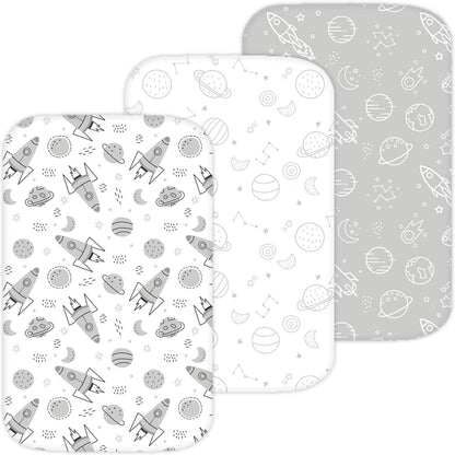 Bassinet Sheets for Papablic, CoZee, Cowiewie, Ezebaby, Nawahev Baby Bassinet Bedside Sleeper by TansyPanda, 3PC, 33x20, Ultra Soft, Breathable Snug Fit, Unisex Boys Girls, Gray White (Space Rockets)