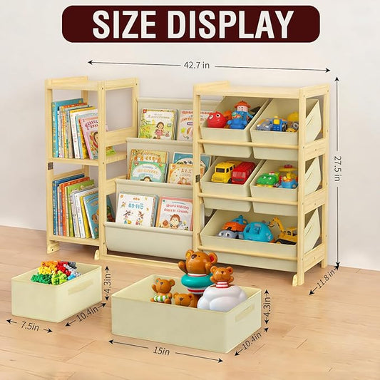 Kids Bookshelf and Toy Storage Organizer with 3-Tier Book Display and Shelves, Kids Toy Organizers and Storage with Bins, Book Shelf for Kids Rooms, Playroom Decor for Toddler Bedroom Nursery