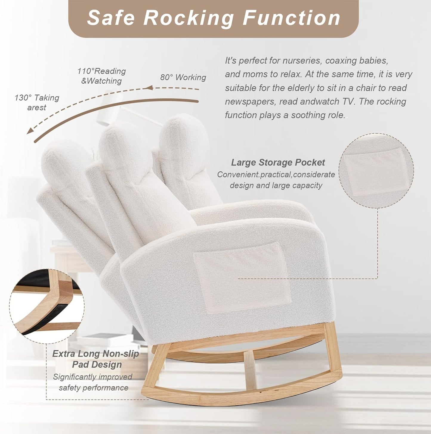 Nursery Rocking Chair with Solid Wood Legs, Glider Chair for Nursery with Two Side Pockets, Rocker Armchair for Living Room Bedroom (Ivory White, Teddy Fabric)