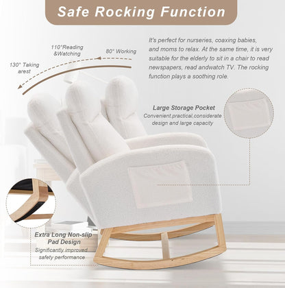 Nursery Rocking Chair with Solid Wood Legs, Glider Chair for Nursery with Two Side Pockets, Rocker Armchair for Living Room Bedroom (Ivory White, Teddy Fabric)
