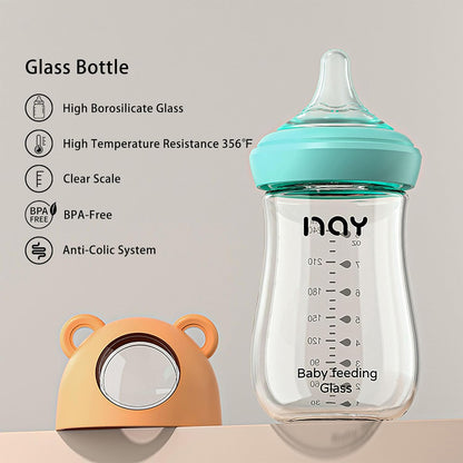 yanyoyo Natural Glass Baby Bottle for Breastfeeding Babies, 5.4oz Anti-Colic Baby Bottle with Natural Response Nipple(S), Clear, Wide Neck, 2 Pack, 1 Months+