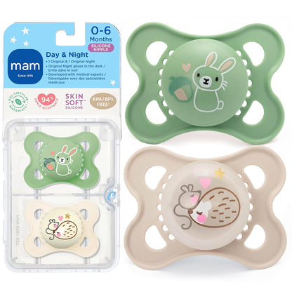 MAM Original Baby Pacifiers 0-6 Months, Binky for Newborn Babies, BPA-Free Skin Soft Silicone Nipple, Glows in The Dark, Developed with Medical Experts, 4 Pack, Made in Europe