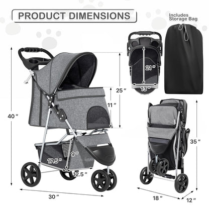 MoNiBloom Foldable Pet Stroller with Weather Cover, 3 Wheels Pet Strolling Cart for Small/Medium Dogs and Cats with Storage Basket and Cup Holder, Breathable and Visible Mesh for All-Season, Black