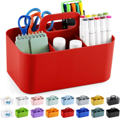 Multiuse Caddy Organizer with Handle, Portable Divided Plastic Tote Bin - Art Craft, Stationary Pen Marker Crayons, Makeup Hair Supplies Storage - Bathroom, Classroom, Dorm, Office, Desk Holder - Pink