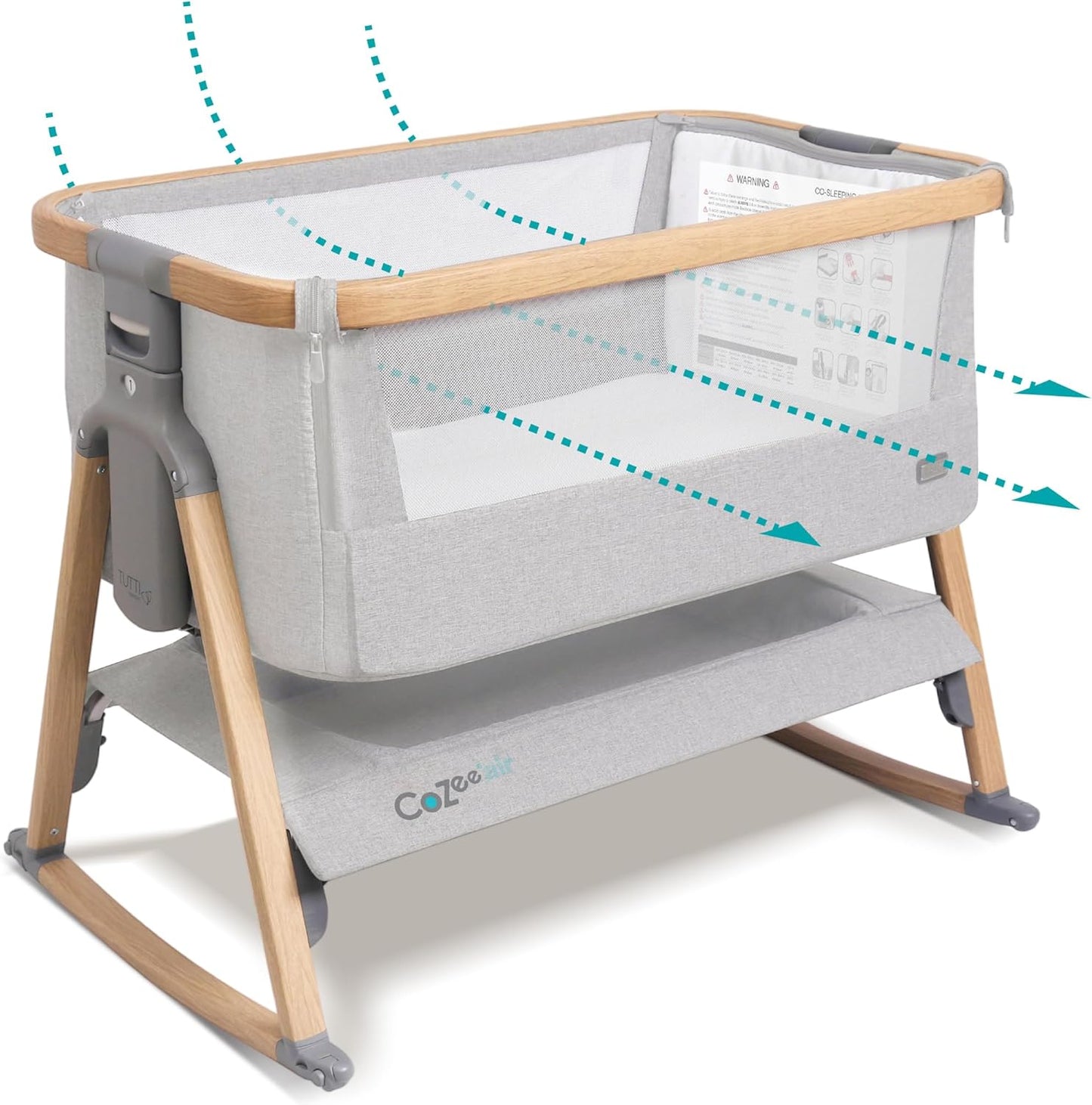Tutti Bambini CoZee® 2-in-1 Baby Bassinet & Bedside Sleeper - Fast-Folding Bedside Bassinet, Baby Crib with 6 Mattress Heights & Breathable Mesh Window, Mattress Included, 0-6 Months (Oak & Charcoal)