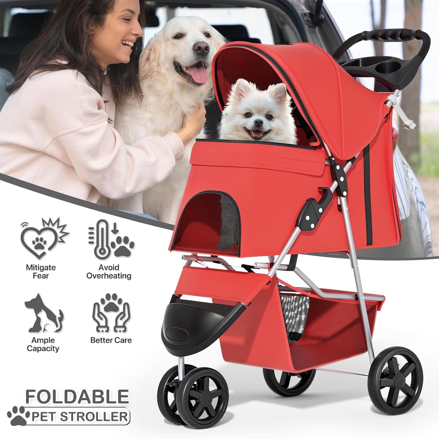 MoNiBloom Foldable Pet Stroller with Weather Cover, 3 Wheels Pet Strolling Cart for Small/Medium Dogs and Cats with Storage Basket and Cup Holder, Breathable and Visible Mesh for All-Season, Black