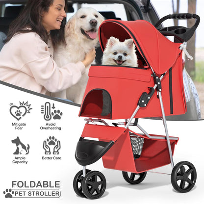 MoNiBloom Foldable Pet Stroller with Weather Cover, 3 Wheels Pet Strolling Cart for Small/Medium Dogs and Cats with Storage Basket and Cup Holder, Breathable and Visible Mesh for All-Season, Black
