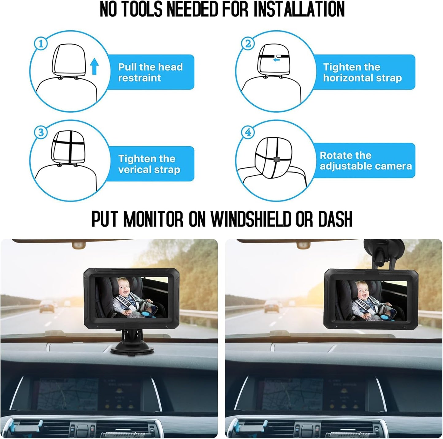 Shkalacar Baby Car Camera 4.3" HD Night Vision Baby Car Mirror- 1080P Night Vision Rear Facing Baby Monitor, 150° Wide View Angle for Infants Kids Pets with Camera USB Plug