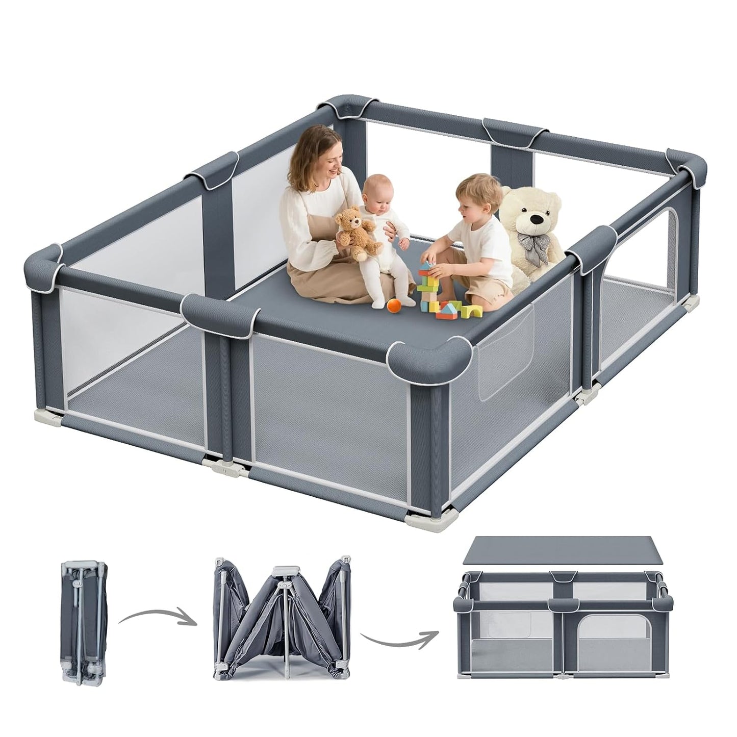 G TALECO GEAR Foldable Playpen for Babies and Toddlers, 71"x79" Portable Play Yard with Mat, Kids Collapsible Play Pen with Sturdy Metal Frame & Mesh Walls, Indoor & Outdoor Baby Fence Play Area