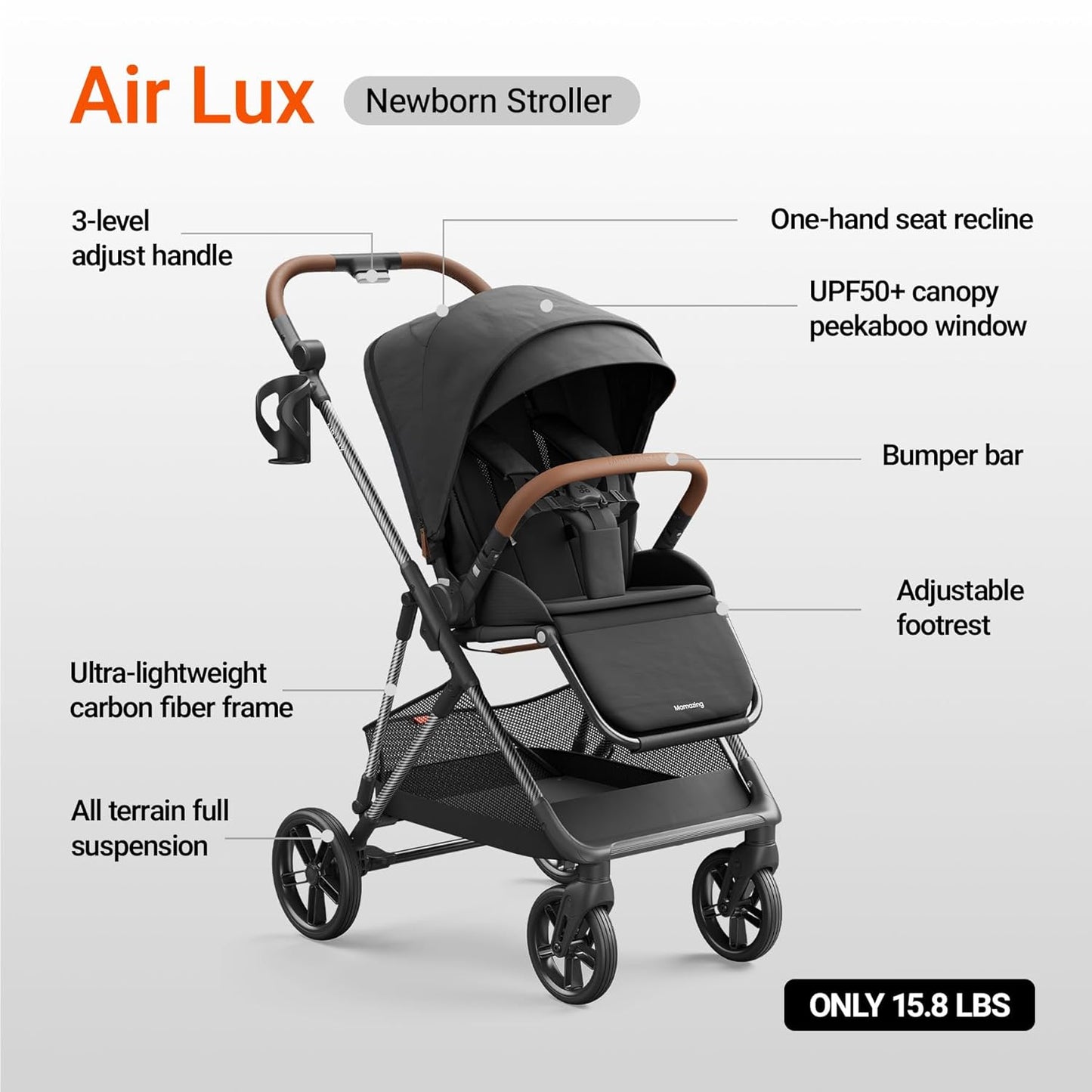 MAMAZING Air Lux Baby Stroller, Carbon Fiber Frame Only 15.8lbs, Compact Fold Toddler Stroller with Reversible Seat with Infant Insert, Included UPF 50+ Canopy, Large Storage Basket & Car Seat Adapter