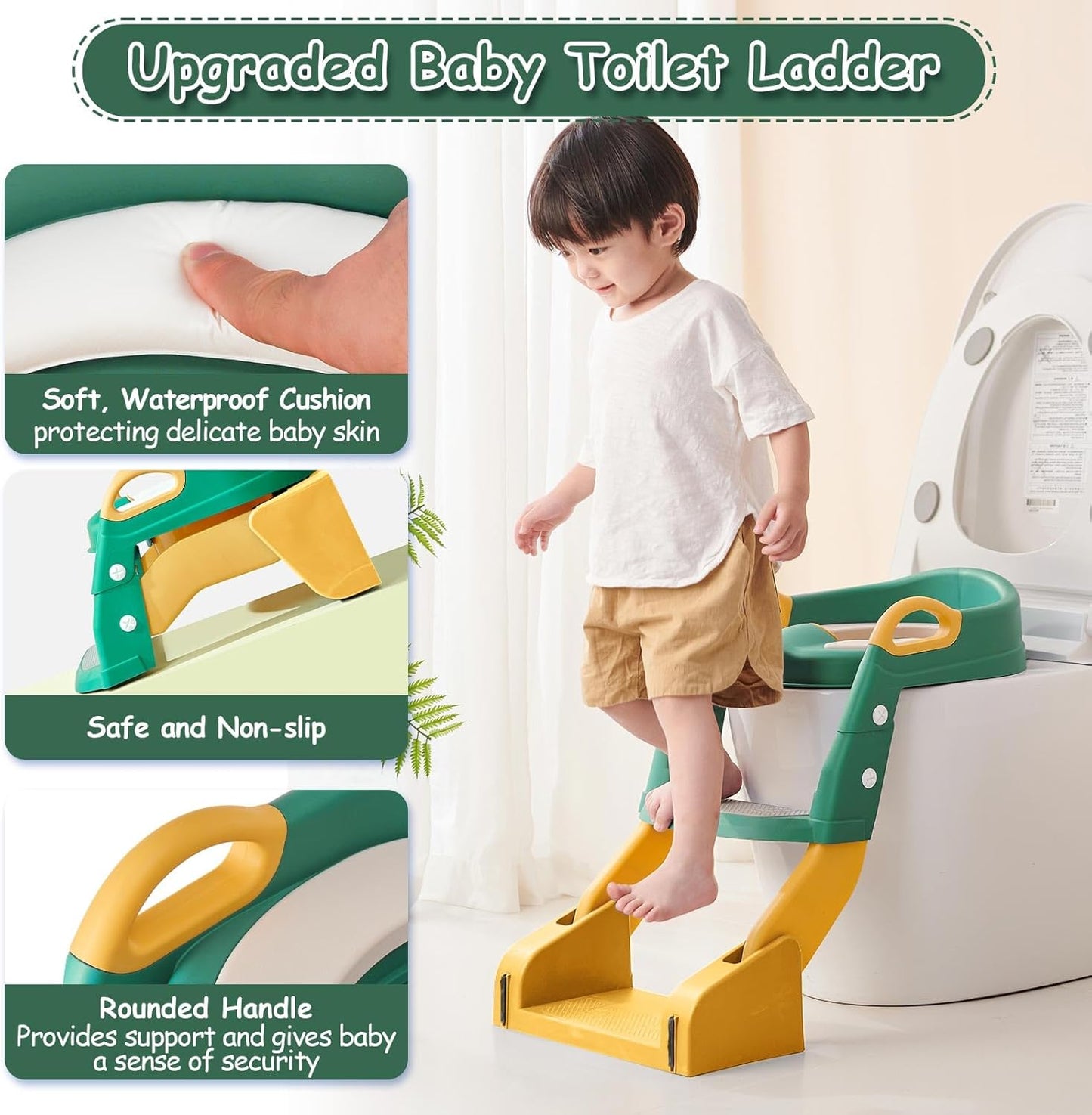 3 in 1 Toddler Potty Training Seat Chair with Ladder and Basin for Boys and Girls, Adjustable Kids Potty Training Seat for Toilet with Anti-Slip Wide Steps and Safety Handles (Green)