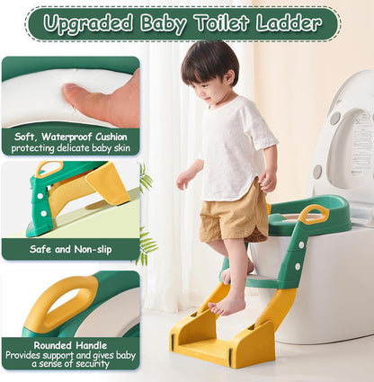 3 in 1 Toddler Potty Training Seat Chair with Ladder and Basin for Boys and Girls, Adjustable Kids Potty Training Seat for Toilet with Anti-Slip Wide Steps and Safety Handles (Green)