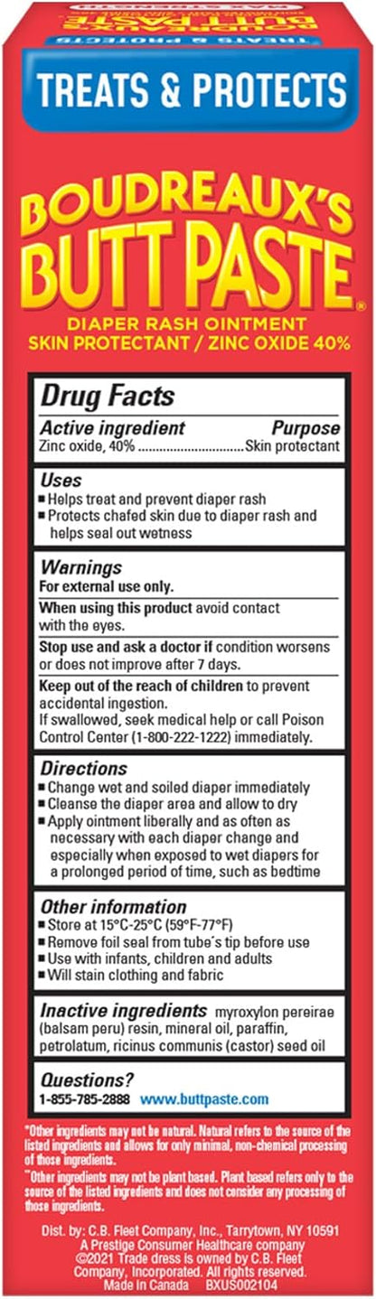 Boudreaux’s Butt Paste Diaper Rash Ointment, Baby Rash Cream Skin Protectant, Fast Relief, Soothing Barrier Cream, Original, Maximum Strength, 2 Ounce Tube (Variety Pack of 2)