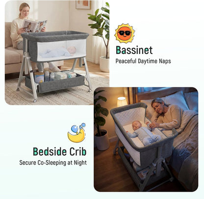 Cowiewie Bassinet Bedside Sleeper,3-in-1 Baby Bassinet with Mattress & Wheels,Easy Folding Portable Bedside Bassinet for Baby with Storage & Travel Bag,Breathable Mesh,Stable & Secure,Beige