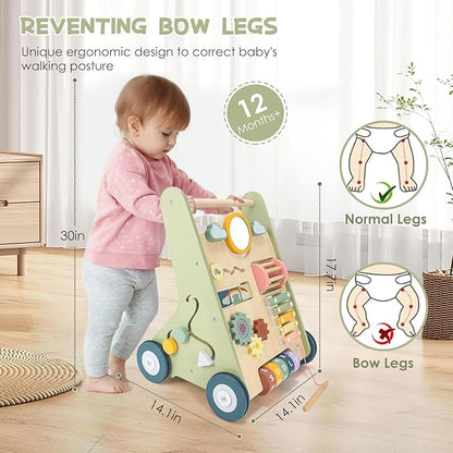 Baby Push Walker, Wooden Baby Walker with Wheels, Montessori Walker for Babies 6-12 Months, Adjustable Speed Push Walking Toys for Boys & Girls 1 Year Old, Christmas Birthday Gifts for Toddler
