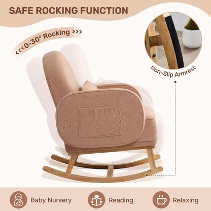 HCHAIRH Nursery Rocking Chair with Ottoman, Upholstered Glider Rocker with High Backrest Side Pocket, Rocking Accent Armchair with Solid Wood Legs for Nursery, Living Room, Bedroom, Light Grey