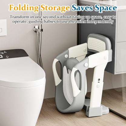 Potty Training Seat 3-in-1 Toddler Toilet Ladder (Toilet, Ladder, Squatting Aid) for Children Boys Girls with Removable Cushion, Anti-Splash & Foldable Design - Grey