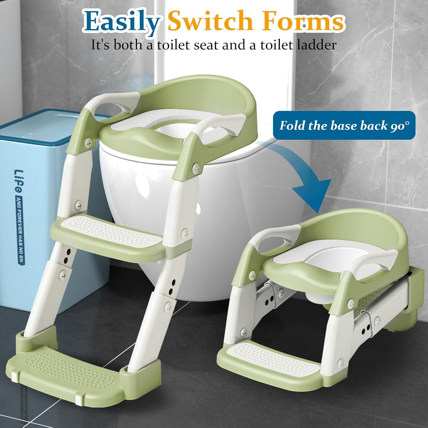 Potty Training Seat 3-in-1 Toddler Toilet Ladder (Toilet, Ladder, Squatting Aid) for Children Boys Girls with Removable Cushion, Anti-Splash & Foldable Design - Grey
