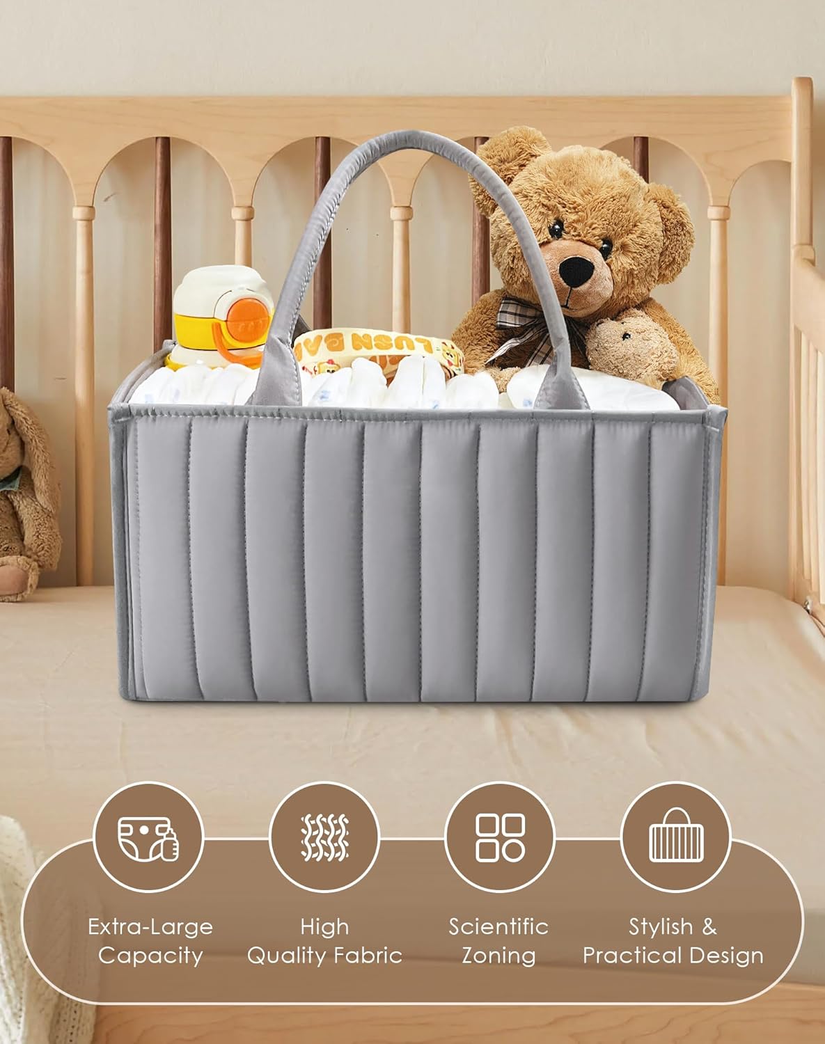 SWEET DOLPHIN 2-Pack Quilted Diaper Caddy Organizer – Premium Puffer Style Nursery Storage Bins – Water-Resistant & Wipeable Changing Table Organizer – Trendy Tote for Home & Car Travel - Mocha Brown
