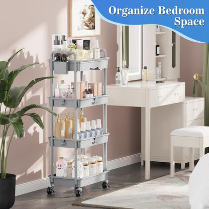 SUNALLY 3 Tier Rolling Cart with Drawer, Bathroom Storage Organizer with 2 Lockable Wheels, Multifunctional Rolling Storage Cart for Bathroom, Kitchen, Office, Craft, Makeup, Baby Essentials, White