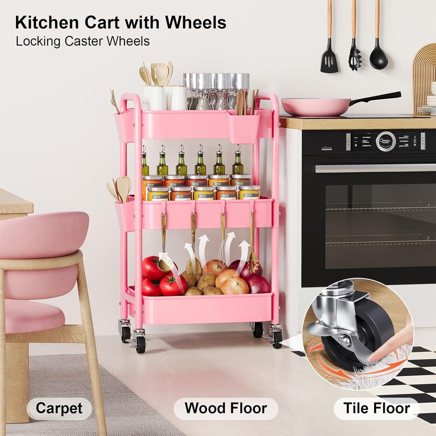 3 Tier Rolling Cart Metal with Lockable Wheels, Pink Three Tiered Diaper Caddy Cart Organizer on Wheels, Storage Utility Trolley Carts for Craft, Art, Nail, Lash, Baby Supplies, Cleaning, Mesh