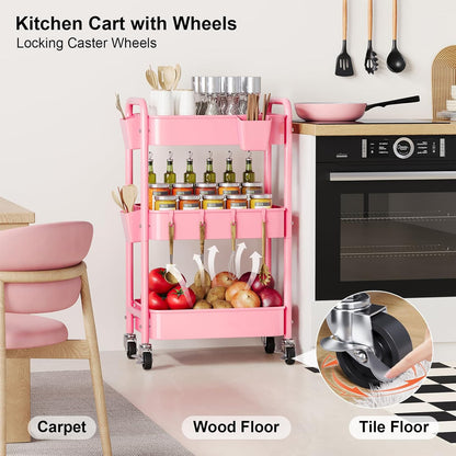 3 Tier Rolling Cart Metal with Lockable Wheels, Pink Three Tiered Diaper Caddy Cart Organizer on Wheels, Storage Utility Trolley Carts for Craft, Art, Nail, Lash, Baby Supplies, Cleaning, Mesh