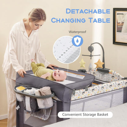 INFANS Pack and Play, 5 in 1 Baby Bedside Sleeper with Bassinet, Diaper Changer, Mattress, Carry Bag, Music Box Hanging Toys, Foldable Bedside Crib, Portable Playard for Newborn Toddlers (Gray)