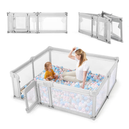 Sweeby Foldable Baby Playpen, Baby Gate Playpens for Babies and Toddlers 79x71 Extra Large Play Yard with Door Fence with Mat and Indoor Play Pen,Light Grey
