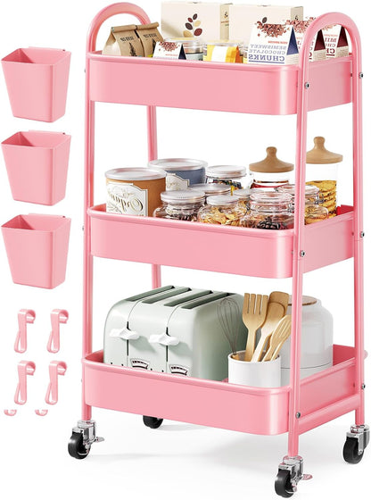 Beige 3 Tier Rolling Cart Metal on Wheels, Three Tiered Storage Organizer Utility Trolley with Wheels for Art, Craft, Baby Diaper Caddy, Snack, Book, Nail, Lash, Cleaning Supplies, Kitchen, Bathroom