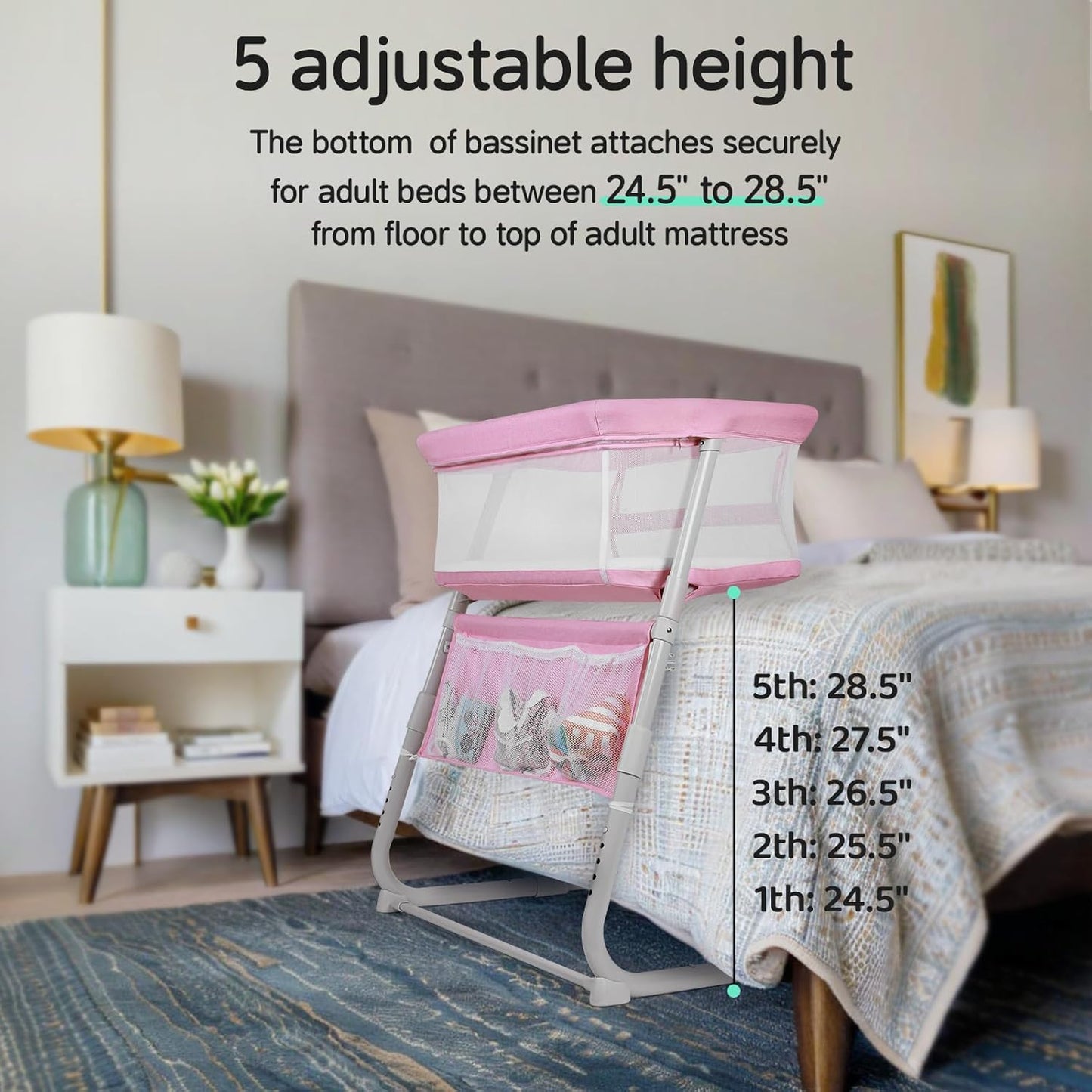 Cowiewie Bassinet Bedside Sleeper,Baby Bassinet Slides Over Bed,5-Position Height Adjustment & Breathable All-Mesh Wall Bedside Bassinet for Baby,Space-Saving Bedside Crib, Height(37.4-41.3") (Beige)