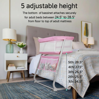Cowiewie Bassinet Bedside Sleeper,Baby Bassinet Slides Over Bed,5-Position Height Adjustment & Breathable All-Mesh Wall Bedside Bassinet for Baby,Space-Saving Bedside Crib, Height(37.4-41.3") (Beige)