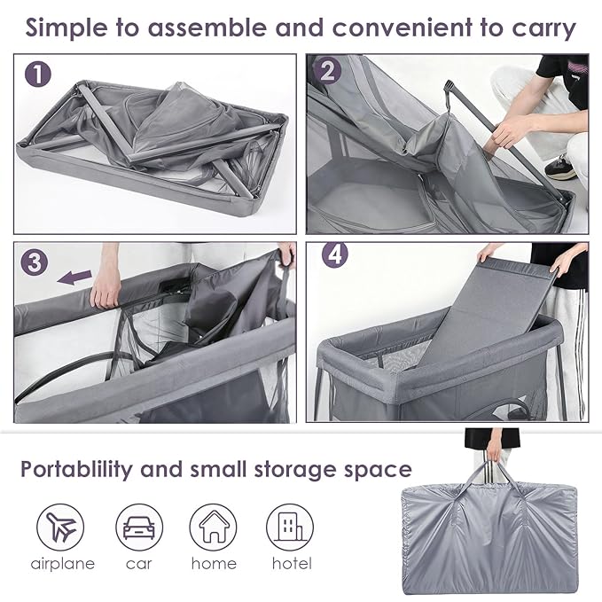 Pack and Play with Bassinet & Mattress, Lightweight Portable Baby Bed, Foldable Travel Bassinet Playard with Storage Bag, Easy Setup Playpen for Babies & Toddlers (Grey)