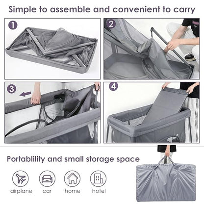 Pack and Play with Bassinet & Mattress, Lightweight Portable Baby Bed, Foldable Travel Bassinet Playard with Storage Bag, Easy Setup Playpen for Babies & Toddlers (Grey)
