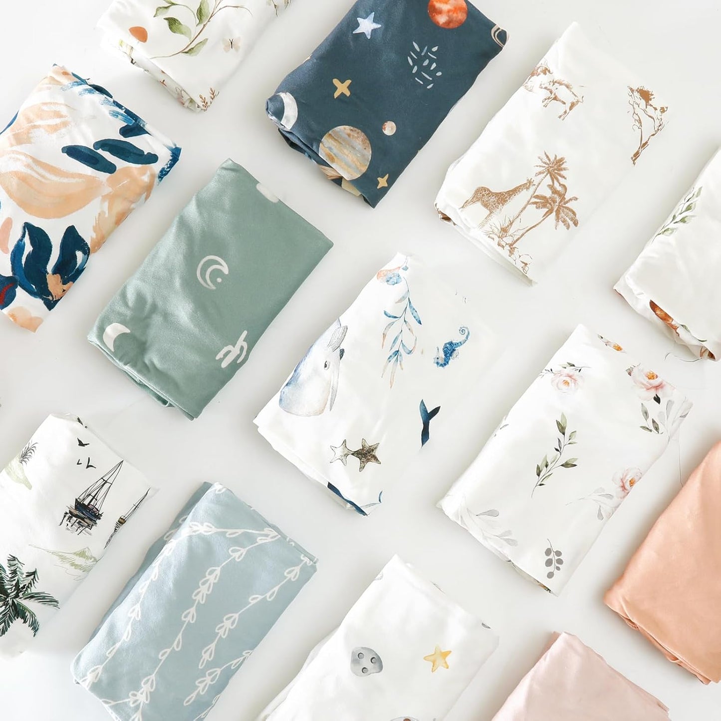 GRSSDER Stretch Ultra Soft Jersey Knit Fitted Pack n Play Playard Sheets Set 2 Pack，Fits Portable/Mini Cribs Sheets, Playards Mattress Pads, Stylish Watercolor Animals for Baby, Mint Green