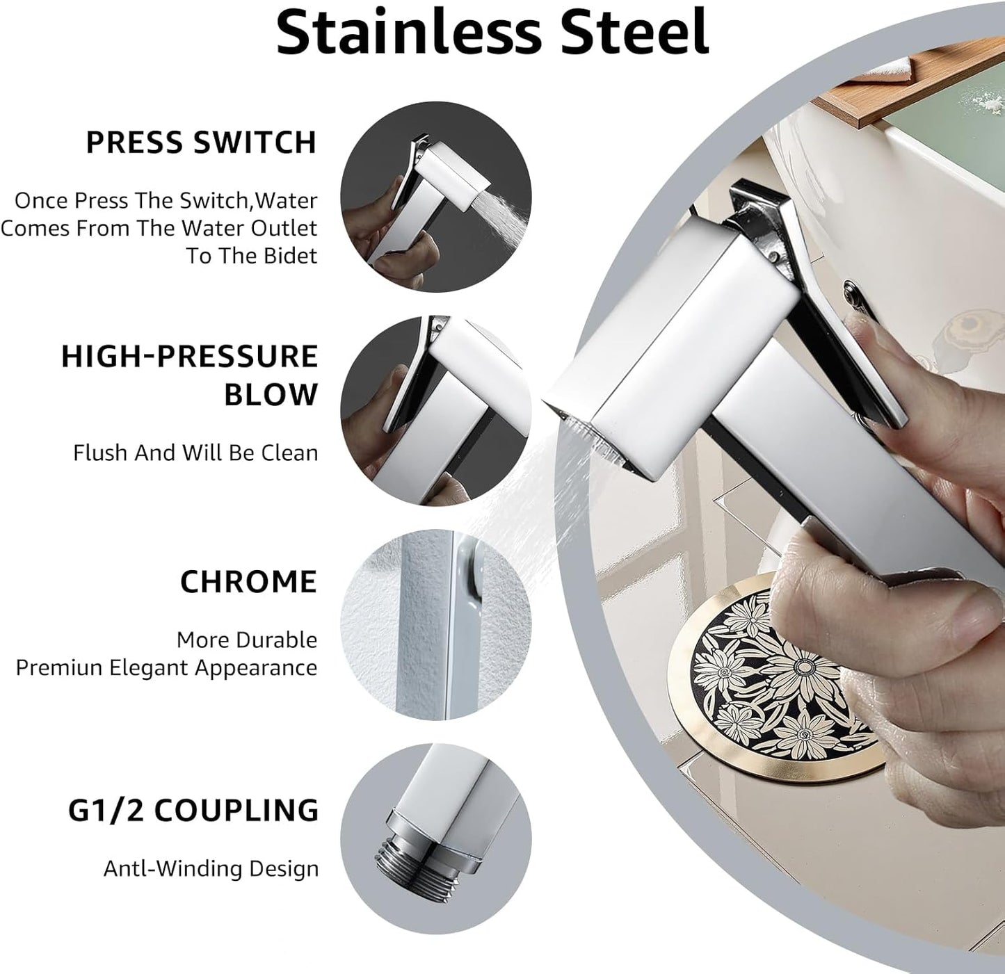 Handheld Bidet Sprayer for Toilet, Cloth Diaper Sprayer with Wall Mounts (ABS) and Hand Held Bidet Bathroom Hose (Stainless Steel), Jet Spray for Toilet, Muslim Shower, Easy to Install (Chrome)