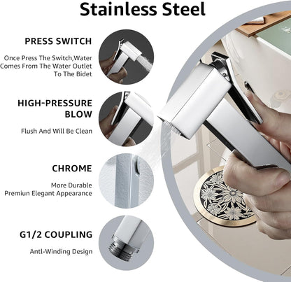 Handheld Bidet Sprayer for Toilet, Cloth Diaper Sprayer with Wall Mounts (ABS) and Hand Held Bidet Bathroom Hose (Stainless Steel), Jet Spray for Toilet, Muslim Shower, Easy to Install (Chrome)