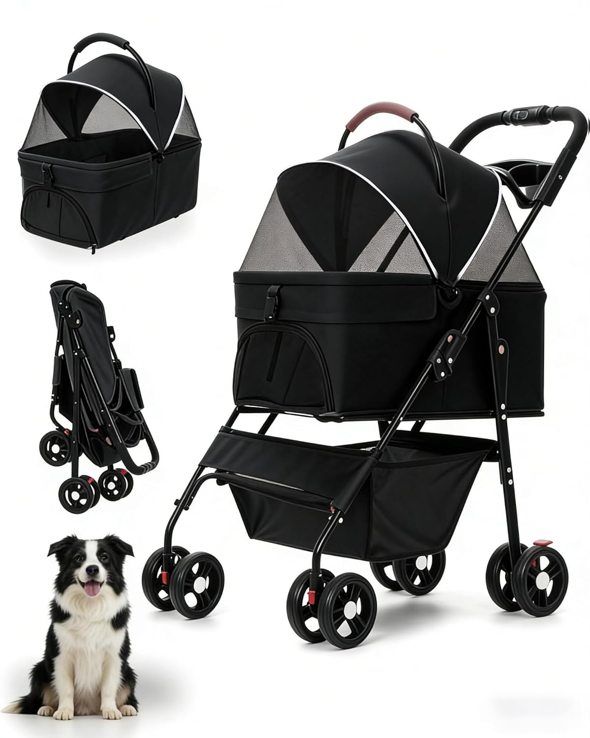 Pet Stroller with Removable Carrier, 35lbs Capacity - One-Click Foldable Dog Stroller, Cat Carrier & All-Terrain Wheels, Compact Travel Pet Stroller for Small to Medium Pets-Gray