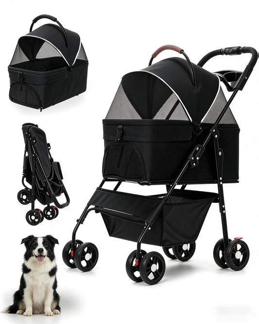 Pet Stroller with Removable Carrier, 35lbs Capacity - One-Click Foldable Dog Stroller, Cat Carrier & All-Terrain Wheels, Compact Travel Pet Stroller for Small to Medium Pets-Gray