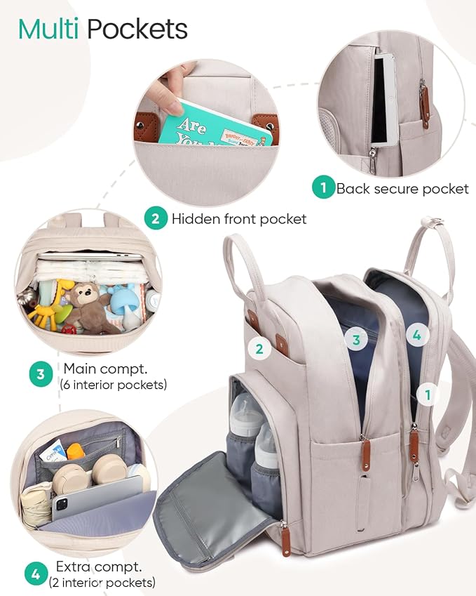 Qualyphant Extra Large Diaper Bag Backpack for Two Kids Twins - Expandable Baby Bag (26-36L), Dual Big Compartments - Includes Changing Pad & Stroller Straps, Unisex Beige