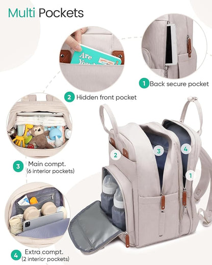 Qualyphant Extra Large Diaper Bag Backpack for Two Kids Twins - Expandable Baby Bag (26-36L), Dual Big Compartments - Includes Changing Pad & Stroller Straps, Unisex Beige